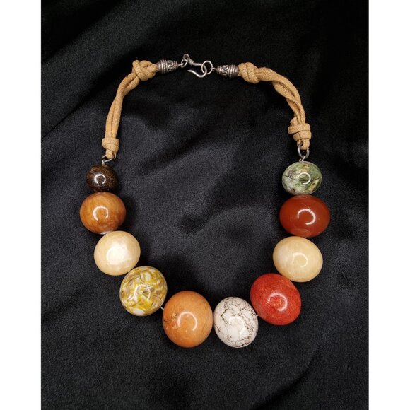 Vintage Large Stone Beaded Necklace With Sterling Silver Clasp & Tan Cord - Picture 4 of 5